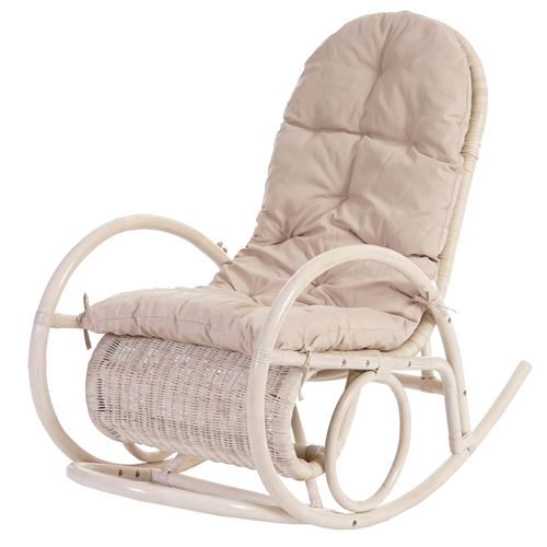 Fauteuil à bascule Esmeraldas en rotin blanc rembourrage crème