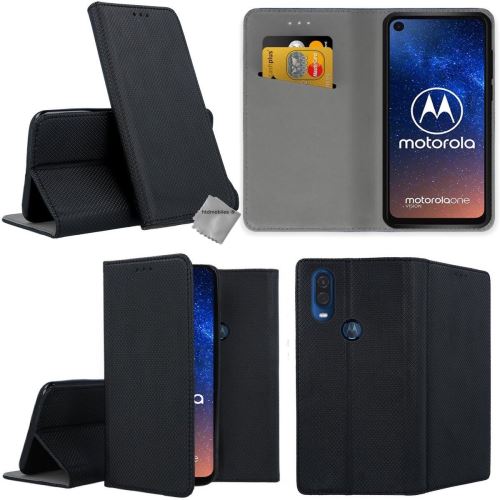 Housse portefeuille avec coque intérieure en silicone pour Motorola One Vision - verre trempe inclus - NOIR MAGNET
