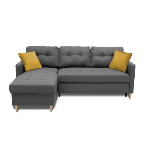 Canape dangle convertible reversible + coffre - Tissu gris + 2 coussins jaune - L 215 x P 144 x H 90 cm - FALSLEV