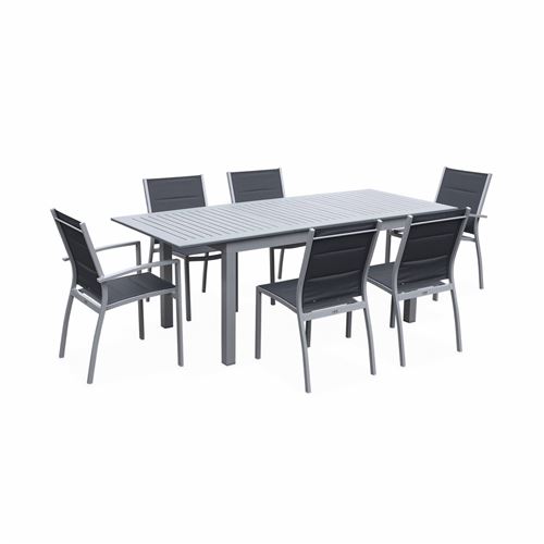 Sweeek Salon de jardin table extensible - Chicago 210 Gris - Table en aluminium 150/210cm avec rallonge et 6 assises en textilène