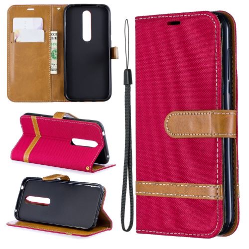 Etui en PU motif tissu de jeans de couleurs assorties avec support rouge pour votre Nokia 4.2