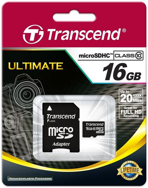 Transcend - Carte mémoire flash (adaptateur microSDHC - SD inclus(e)) - 16 Go - Class 10 - micro SDHC