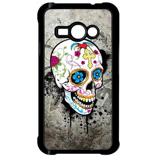 Coque Samsung Galaxy J1 Ace Skull Fleur Bleu Fond Gris