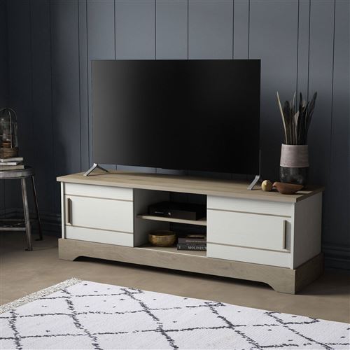 Banc TV - 2 portes coulissantes - melamine blanc structure et chene kronberg - L 150 x P 45 x H 50 cm - Cottage