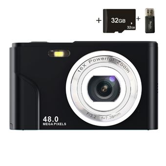 Brightake Appareil photo numérique portable, compact 32 Go, facile à prendre en main, 48 MP, écran HD, objectif zoom, écran IPS, noir - 1