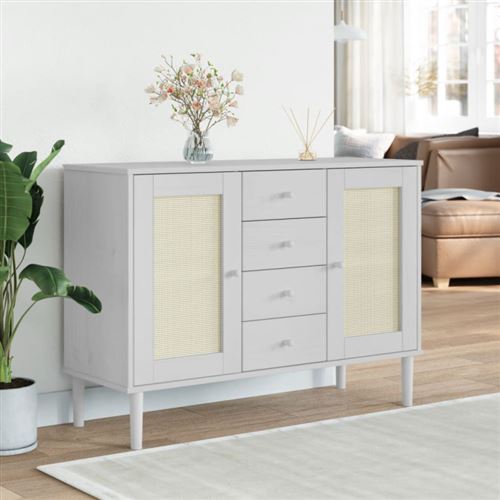 Non Communiqué Blanc Buffet Senja Aspect Rotin 112X40x80cm Bois Massif De Pin