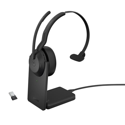 Jabra Evolve2 55 MS Mono - Micro-casque - sur-oreille - Bluetooth - sans fil - Suppresseur de bruit actif - USB-A via adaptateur Bluetooth - noir - avec support de chargement - certifié Zoom, Cisco Webex Certified, Certifié Tencent Meeting, Certifié Al
