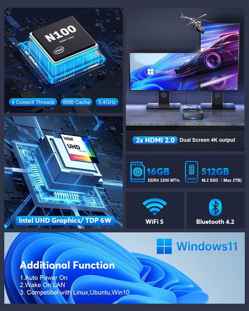 NiPoGi GK3 Pro Mini PC (Windows 11 Pro / 16 GB / 512 SSD / Intel Celeron  N5105) au meilleur prix sur