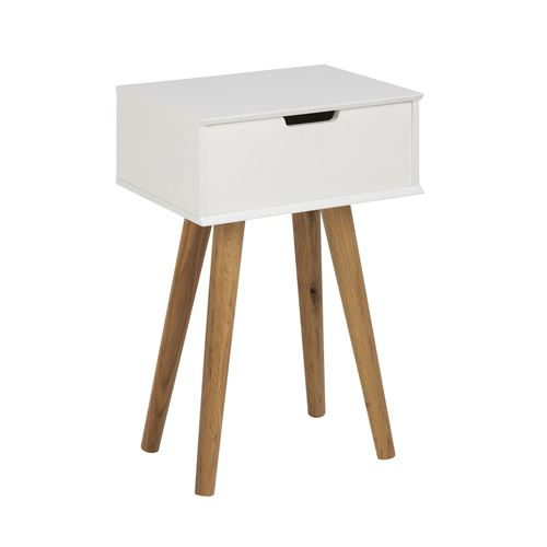 Chevet 1 tiroir 40x30x61,5 cm blanc et pieds en ch&ecirc;ne - XENOR 