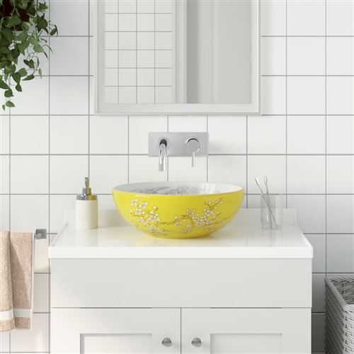 vidaXL Opzetwasbak rond Î¦41x14 cm keramiek wit en geel155053
