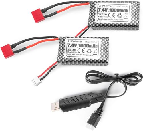 Lot de 2 Batteries Lipo 7,4V 1000mAh T Plug pour RC 18859, 18858, Q902, 35-DJ03 avec Chargeur USB, Argent