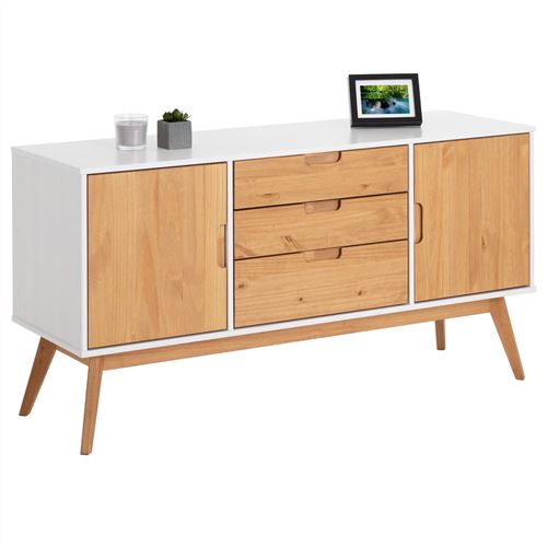 Buffet TIVOLI, 3 tiroirs et 2 portes, lasuré blanc et finition teintée