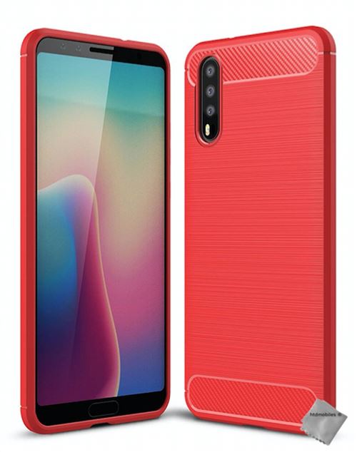 Housse etui coque silicone gel carbone pour Huawei P20 avec film ecran - ROUGE