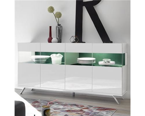Enfilade 4 portes LED design blanc et vert CASTELLI - L 184 x P 50 x H 101 cm