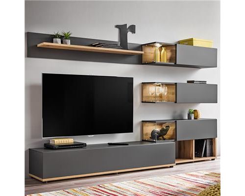 Ensemble meuble TV gris et couleur bois RUFFANO - L 240 x P 40 x H 180 cm