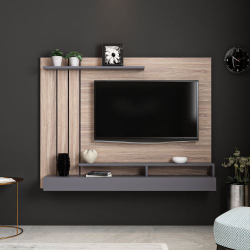 homemania meuble tv lawrance moderne murale avec etageres pour salon anthracite en bois 157 x 21 x 120 cm