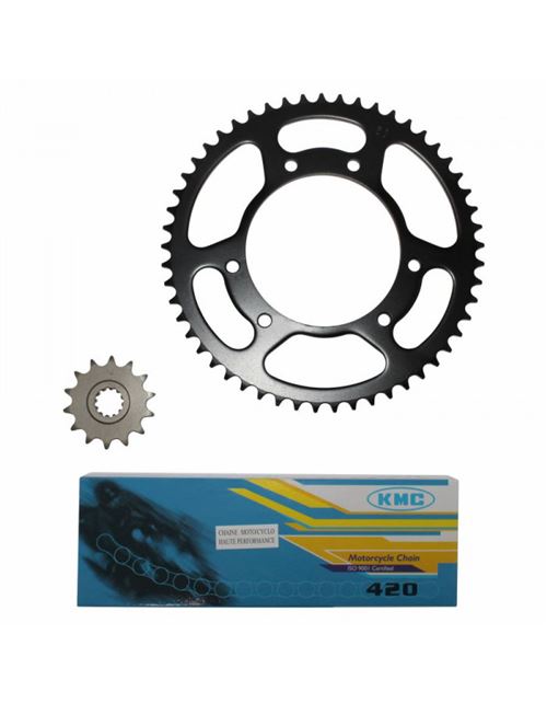 Kit chaine adaptable derbi 50 senda x-trem 2002+2005, x-race 2004+2005 420 14x53 (alesage 105mm) (demultiplication origine)