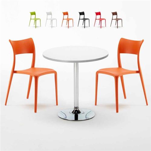 Table Ronde Blanche 70x70cm Avec 2 Chaises Colorées Set Intérieur Bar Café Parisienne LONG Island, Couleur: Orange