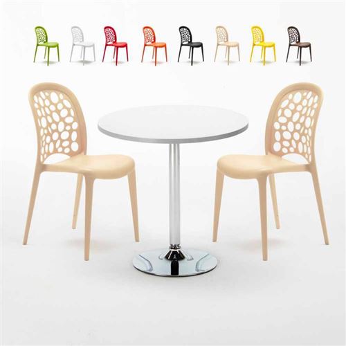 Table Ronde Blanche 70x70cm Avec 2 Chaises Colorées Set Intérieur Bar Café WEDDING LONG Island, Couleur: Beige