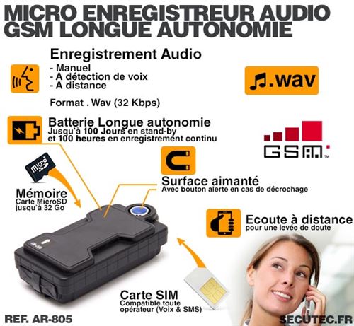 Micro GSM longue autonomie waterproof aimanté avec écoute à distance et  enregistreur à la détection de son sur carte microSD - Dictaphone - Achat &  prix