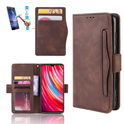 Etui Xiaomi Mi Note 10 / Mi CC9 Pro Portefeuille Brun Avec Verre Trempé - Housse Avec 5 Emplacement Pour Cartes.