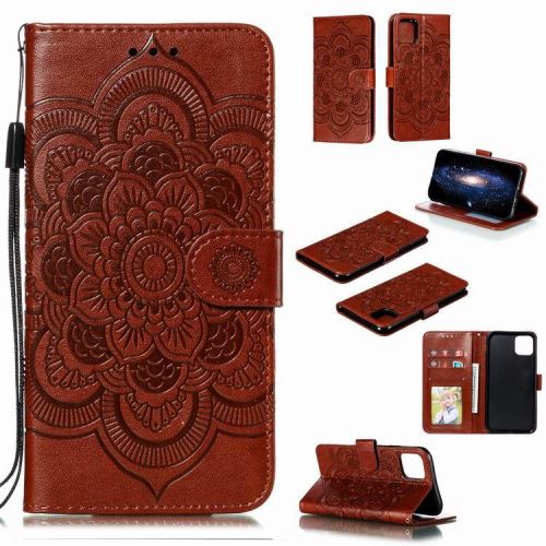 Etui en cuir multifonctionnel motif fleur avec dragonne pour Apple iPhone XR - Brun