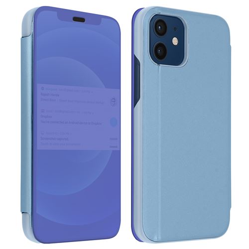Avizar Housse pour iPhone 12 Mini Clapet translucide Design Miroir Support Vidéo Bleu