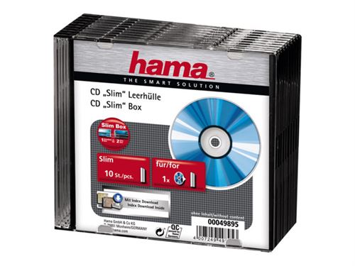 Hama CD/CD-ROM Slim Box - Slim jewel case om CD in te bergen -capaciteit: 1 CD - transparant zwart (pak van 10)