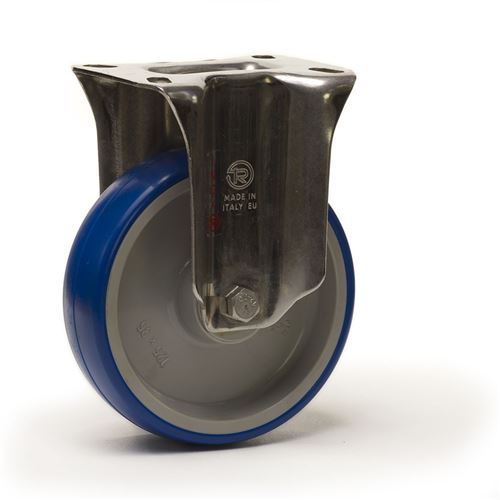 Roulette fixe INOX Ø125 fixation à platine, polyuréthane bleu moyeu à billes