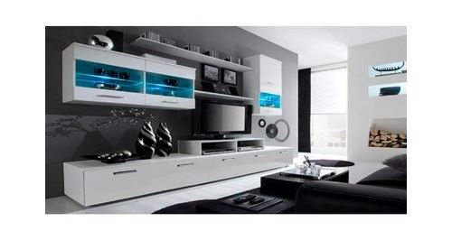 Home innovation - meuble de télévision, meuble de salon moderne avec leds, blanc mate et blanc laqué, dimensions : 250x194x42 cm de profondeur.