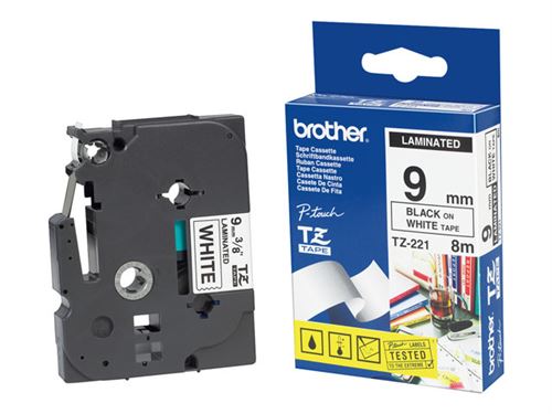Brother TZ221 - Noir sur blanc - Rouleau (0,9 cm x 8 m) ruban laminé - pour P-Touch PT-1080, 1090, 1230, 1290, 18, 2030, 2430, 2730, 3600, 7100, 9700, 9800, PT-GL-200