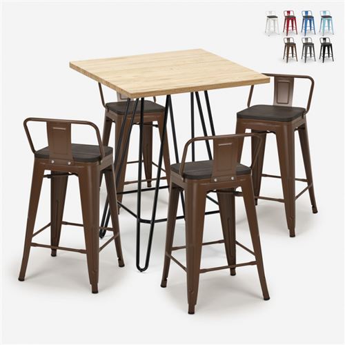 Ensemble 4 Tabourets Tolix Table Haute Bois Métal 60x60cm Industriel Mason Steel Top, Couleur: Marron