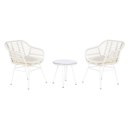 Ensemble Table avec 2 Chaises DKD Home Decor Blanc Métal Verre rotin synthétique 56 x 57,5 x 82 cm