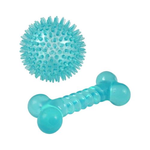 Lot de 2 Jouets pour Chien Balle & Os 13cm Bleu