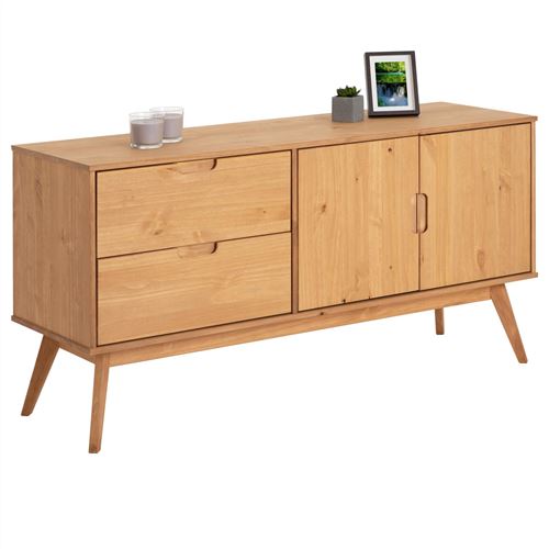 Buffet TIVOLI design vintage scandinave nordique commode bahut vaisselier 2 tiroirs 2 portes, pin massif finition bois teinté