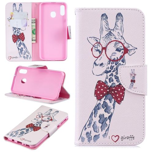Etui en PU support d'impression de patrons girafe portant des lunettes pour votre Samsung Galaxy M20
