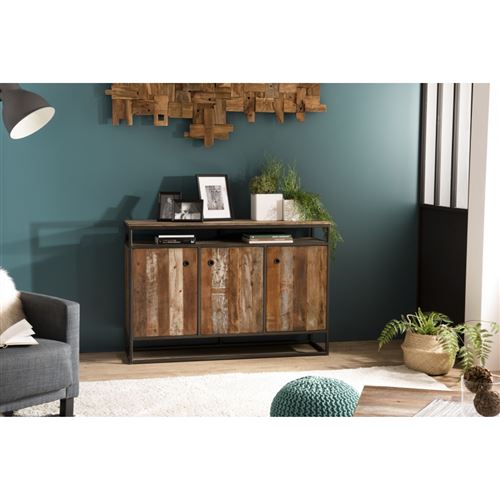 Buffet bois 3 portes et 1 étagère Teck recyclé Acacia Mahogany et métal