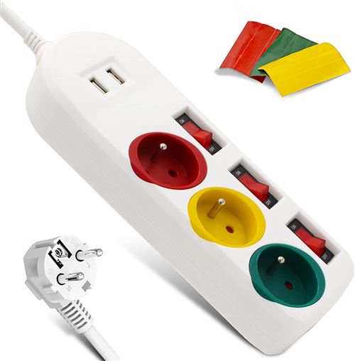 Bloc Multiprise Trio Color avec Interrupteurs Individuels - 3 Prises + 2  Ports USB 2 A Stickers Inclus - Certifie CE et RoHS - 23 x 8 CM - Blanc