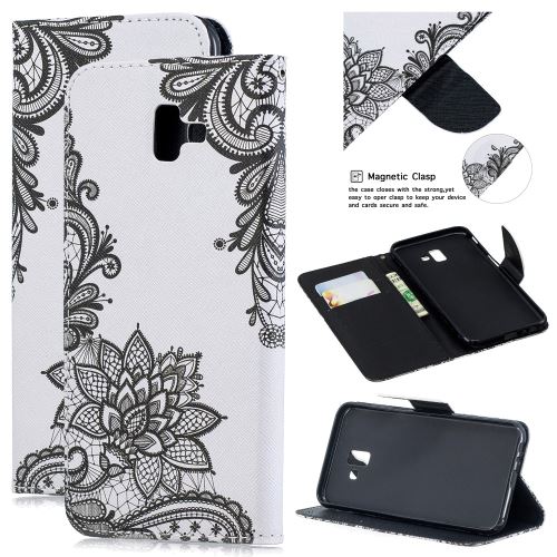 Etui en PU impression de motifs fleur noire pour votre Samsung Galaxy J6 Plus