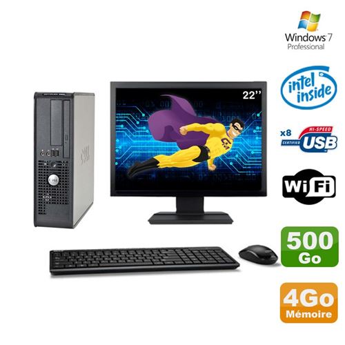 PC Dell 380 Sff E5200 2.5Ghz 4Go Disque 500Go Dvd WiFi Win 7 Ecran 22'