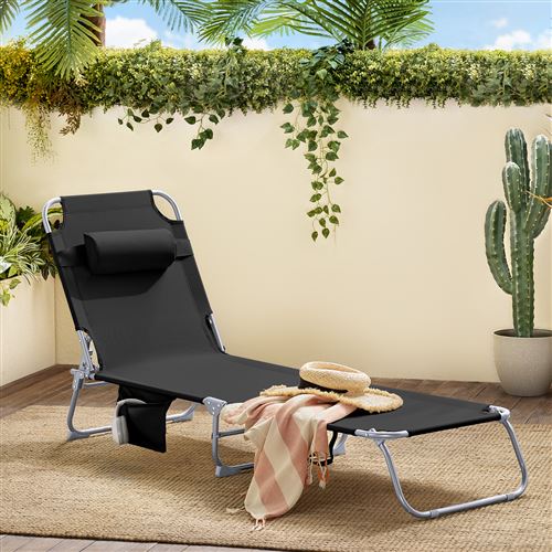 Chaise Longue Bain de soleil Transat de Jardin Pliant Chaise de Camping inclinable, pliable et réglable –Noir SoBuy® OGS35-Sch