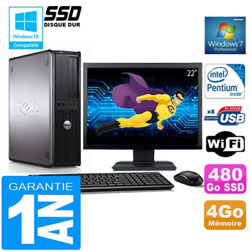 PC Dell 380 Dt Intel E5300 Ram 4Go Disque 480 Go SSD WiFi W7 Ecran 22'