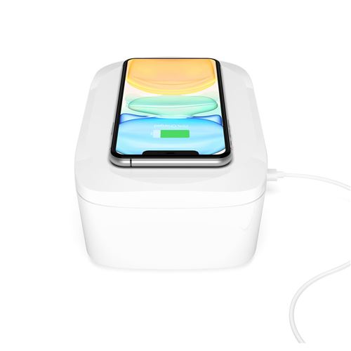 Einova Mundus station de charge sans fil Qi avec stérilisateur UV-C certifié efficace à 99,99%. Compatible iPhone 12/11/11 Pro/XS/XS Max/XR/8/8 Plus/Airpods/Airpods Pro/Samsung Galaxy S20/S10/S9/S9 +
