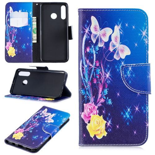 Etui en PU impression de motifs avec support roses et papillons pour votre Huawei P30 Lite