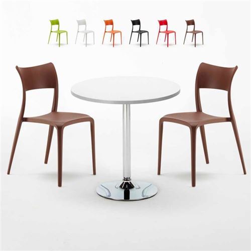 Table Ronde Blanche 70x70cm Avec 2 Chaises Colorées Set Intérieur Bar Café Parisienne LONG Island, Couleur: Marron