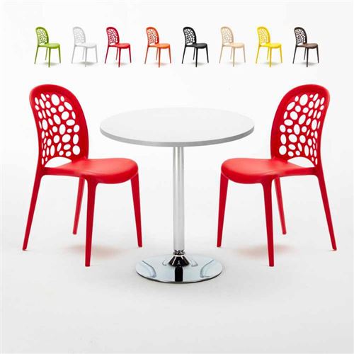 Table Ronde Blanche 70x70cm Avec 2 Chaises Colorées Set Intérieur Bar Café WEDDING LONG Island, Couleur: Rouge