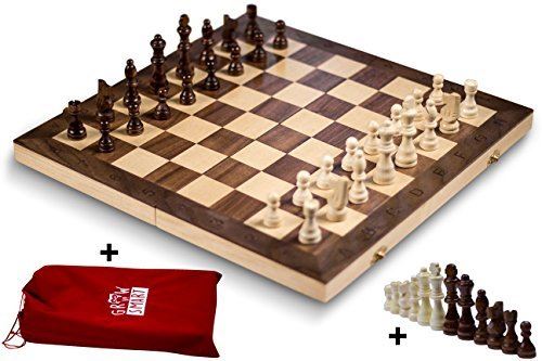 Jeu d'échecs pliant QIAYA Smart Tactics 16 en bois certifié FSC - Édition Premium avec sac d'échecs et pièces d'échecs supplémentaires