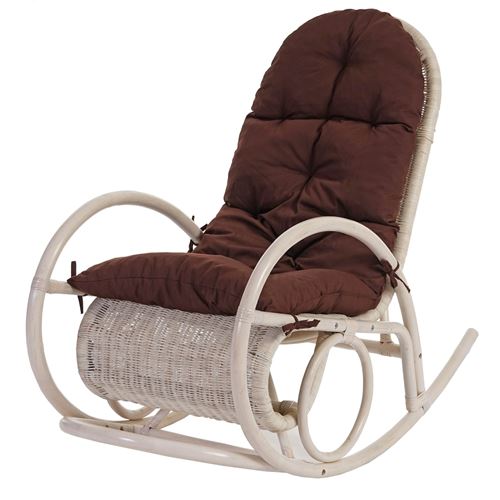 Fauteuil à bascule Esmeraldas en rotin blanc rembourrage marron