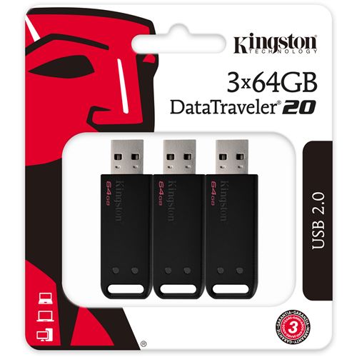 kingston 64gb usb 2.0 datatraveler20 3pk 3 pcs per pack noir