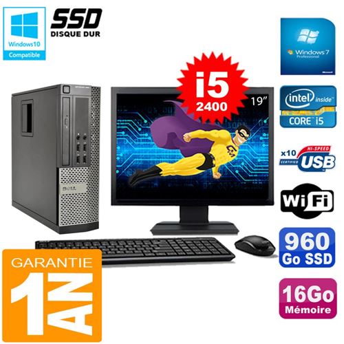 Pc dell 990 sff core i5-2400 ram 16go disque 960go ssd graveur wifi w7 ecran 19'